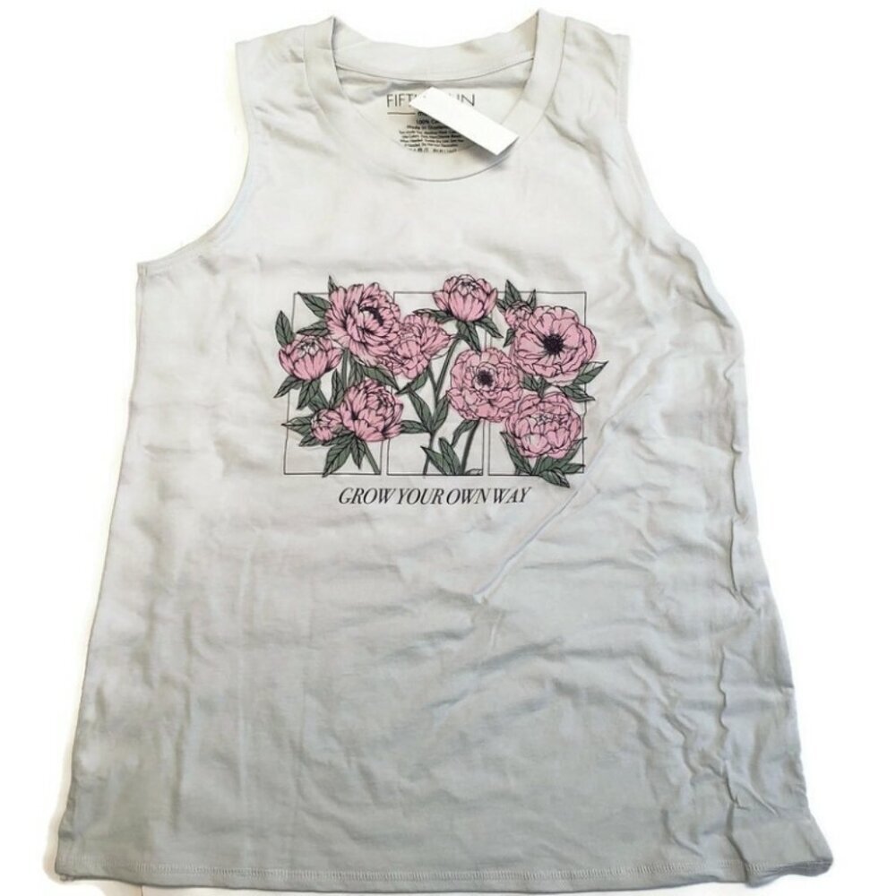 Fifth Sun Tank Top Shirt Size Large Grow Your Own Way Gray Pink Floral Cotton - Picture 2 of 4